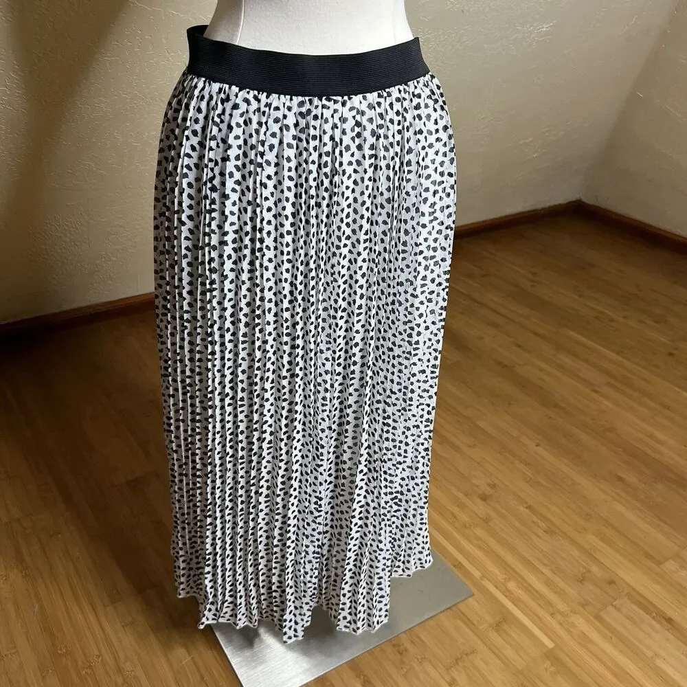 3/$25 Rachel Zoe Black White Dot Pleated Midi Skirt Womens M